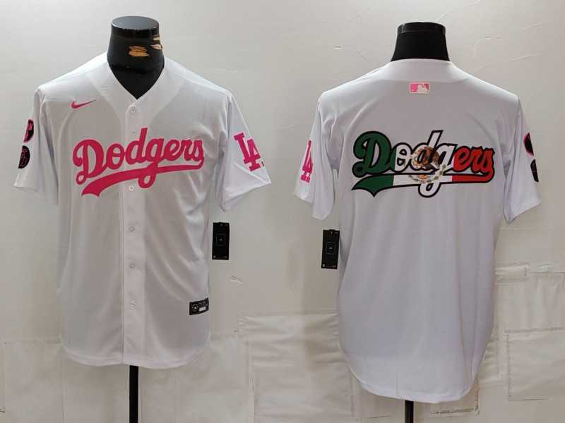 Mens Los Angeles Dodgers Team Big Logo White Pink Vin & Kobe Patch Stitched Baseball Jerseys